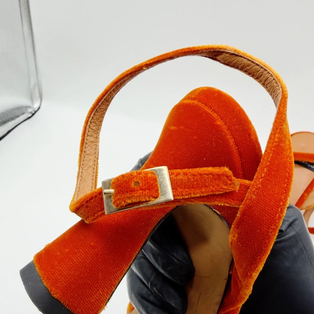Angel Alarcon Sandals Womens 37 Orange Velvet Square Toe Ankle Strap Block Heel